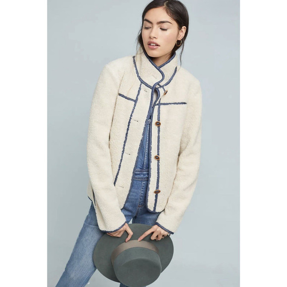 Anthropologie Piped Sherpa‎ Jacket Size XS Cream Cozy Warm Pockets Fall Winter - Picture 2 of 16